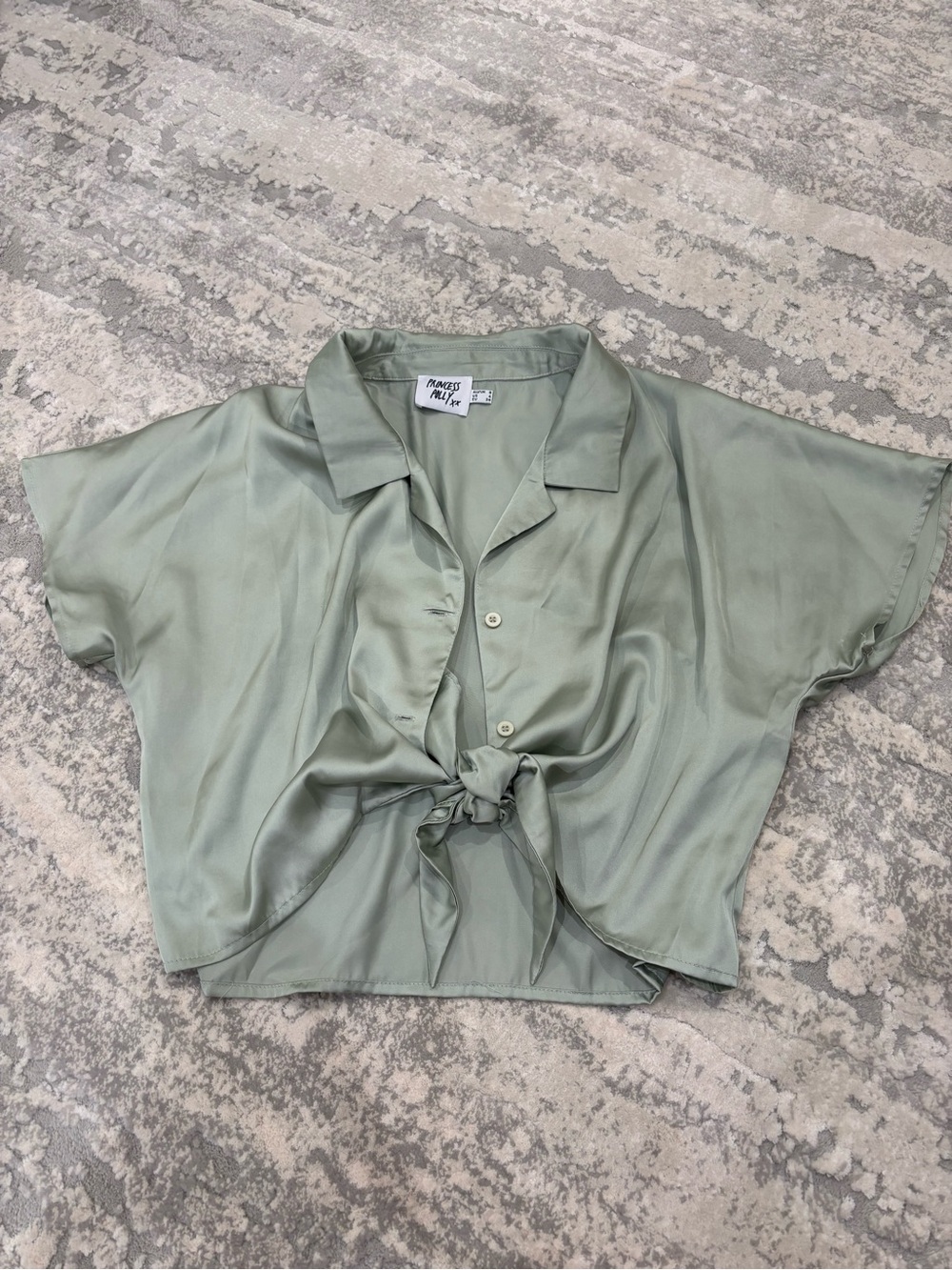 Tie-Front Satin Cropped Shirt - Sage Green